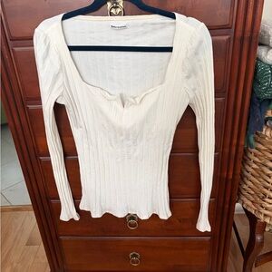 Reformation Ivory Ribbed Long-Sleeve Square Neck Top XL